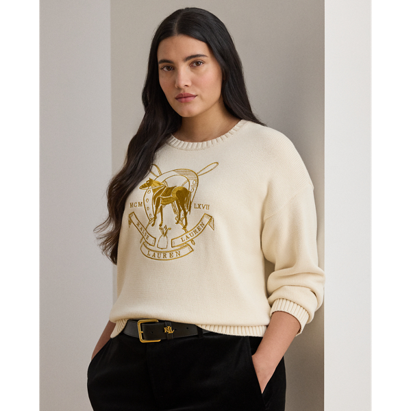 Lauren Woman Ralph Lauren Embroidered Cotton Crewneck Sweater In Neutral
