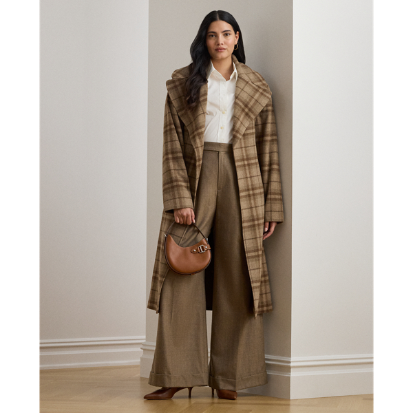 Lauren Woman Ralph Lauren Pleated Wool Herringbone Wide-leg Pant In Brown