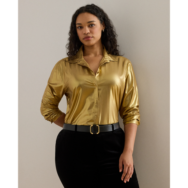 Lauren Woman Ralph Lauren Classic Fit Metallic Chiffon Shirt In Gold