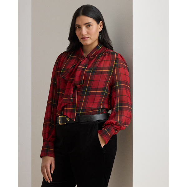 Lauren Woman Ralph Lauren Checked Plaid Georgette Tie-neck Blouse In Multi