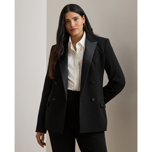 Lauren Woman Ralph Lauren Double-breasted Satin-trim Crepe Blazer In Black