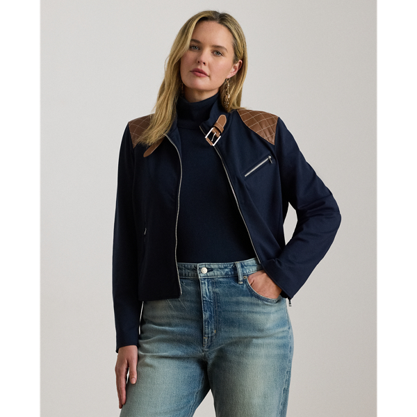 Lauren Woman Ralph Lauren Faux-leather-trim Ponte Moto Jacket In Blue