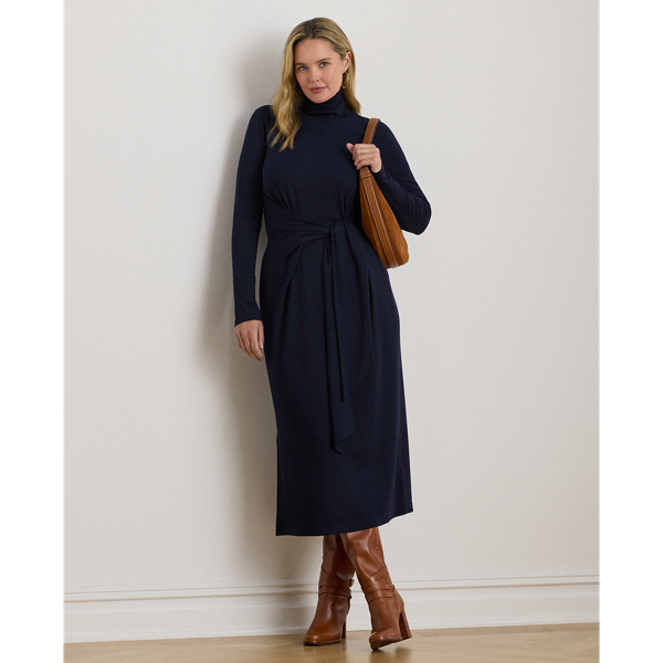 Rib-knit from a soft stretch-cotton blend, this roll neck dress is cut for a slim-fitting silhouette and a calf-grazing midi length. A tie-front design on the waist adds contemporary flare to this refined piece, while slits on the hem afford ease of movement.