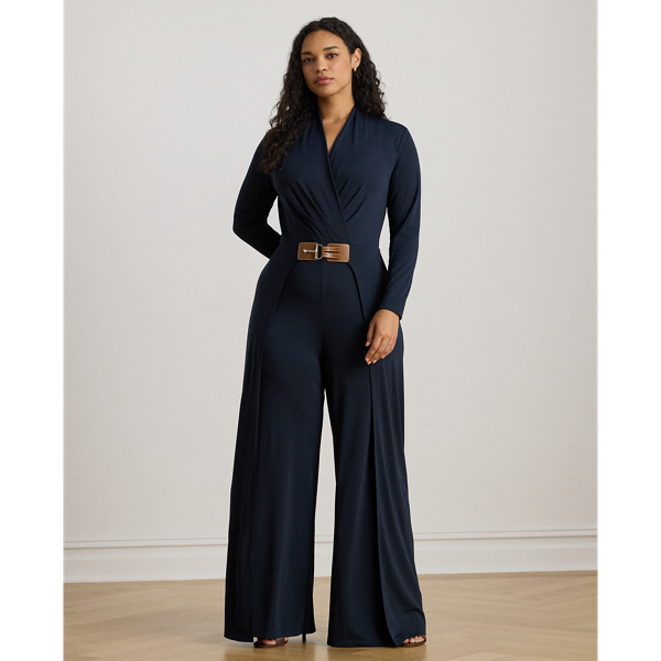 Crafted from smooth stretch jersey, this surplice jumpsuit features a wide-leg silhouette with a wrap-style overlay at the trousers and an equestrian-inspired faux-leather buckled tab at the waist.