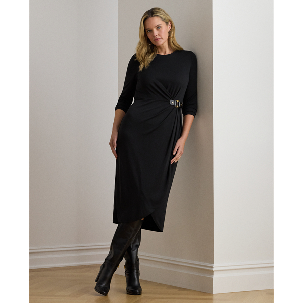 Lauren Woman Ralph Lauren Buckle-trim Stretch Jersey Dress In Black