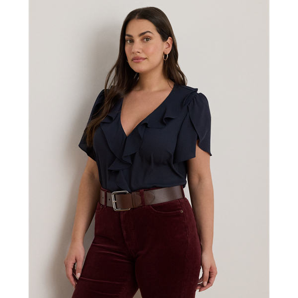 Lauren Woman Ralph Lauren Ruffle-trim Georgette Blouse In Blue