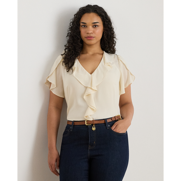 Lauren Woman Ralph Lauren Ruffle-trim Georgette Blouse In Brown