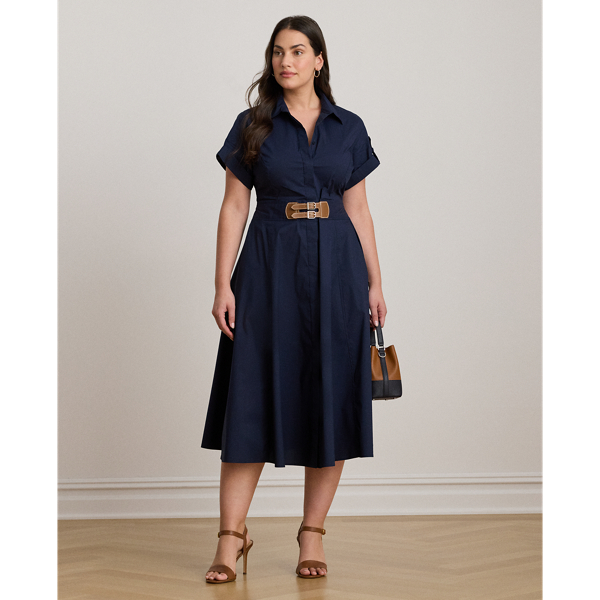Lauren Woman Ralph Lauren Buckle-trim Stretch-cotton Blend Dress In Blue