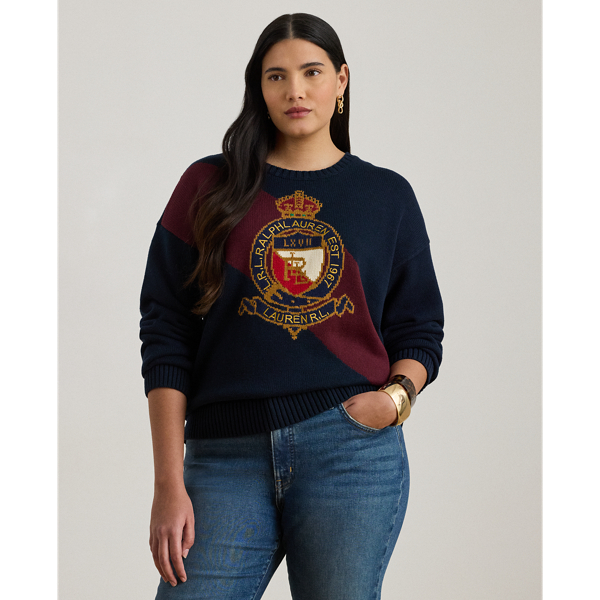 Lauren Woman Ralph Lauren Color-blocked Crest Cotton Sweater In Blue