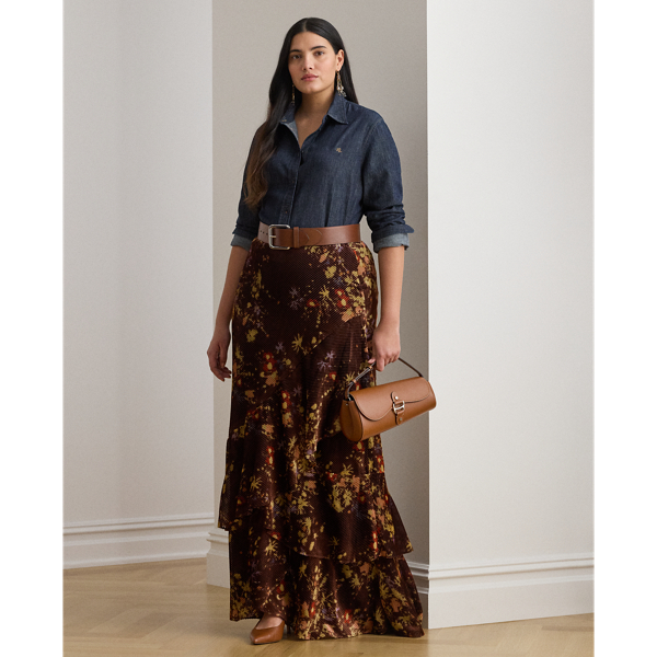 Lauren Woman Ralph Lauren Floral Burnout Velvet Tiered Maxiskirt In Brown