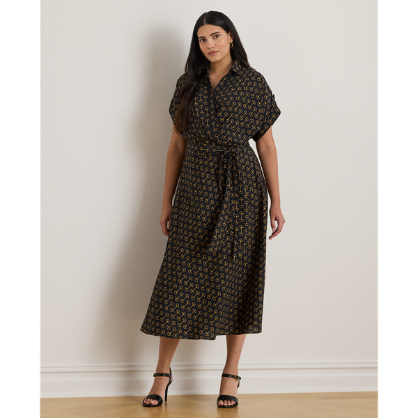 Lauren Woman Ralph Lauren Geo-print Belted Crepe Dress In Black