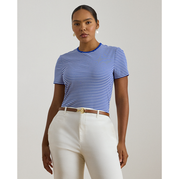 Lauren Woman Ralph Lauren Striped Stretch Cotton Crewneck Tee In Blue