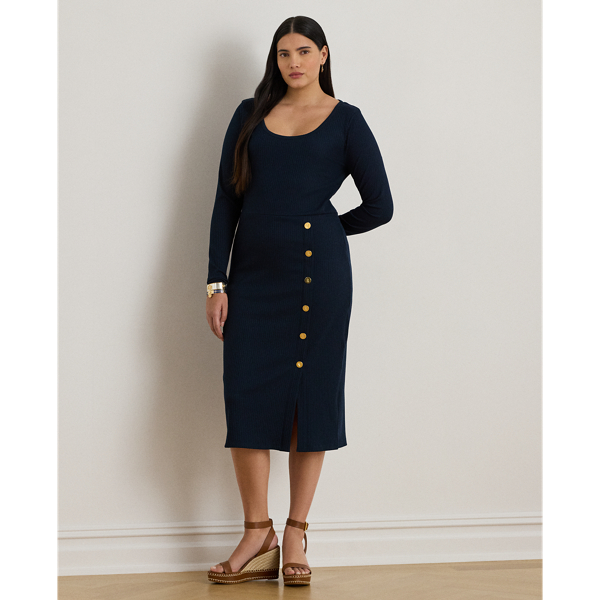 Lauren Woman Ralph Lauren Button-trim Rib-knit Dress In Blue