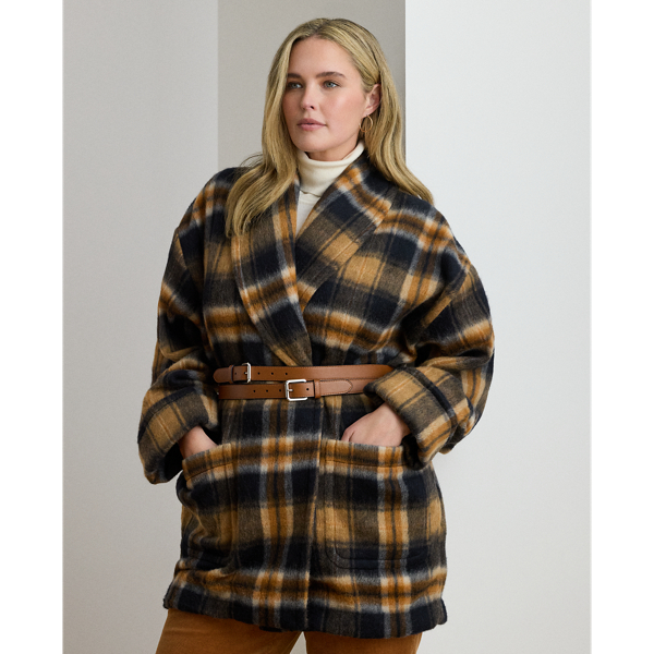 Lauren Woman Ralph Lauren Plaid Wool-blend Shawl-collar Wrap Coat In Brown