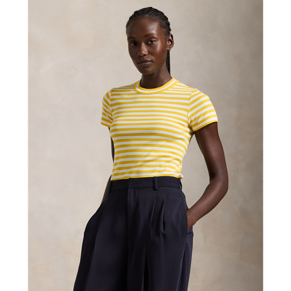 Polo Ralph Lauren Striped Ribbed Cotton Crewneck Tee In Racing Yellow/white