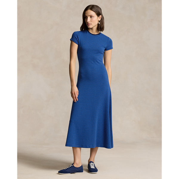 Shop Ralph Lauren Striped Ribbed Cotton-blend Dress In Kite Blue/newport Navy