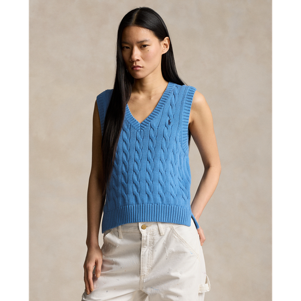 Shop Ralph Lauren Cable-knit Cotton V-neck Sweater Vest In Blue Orbit