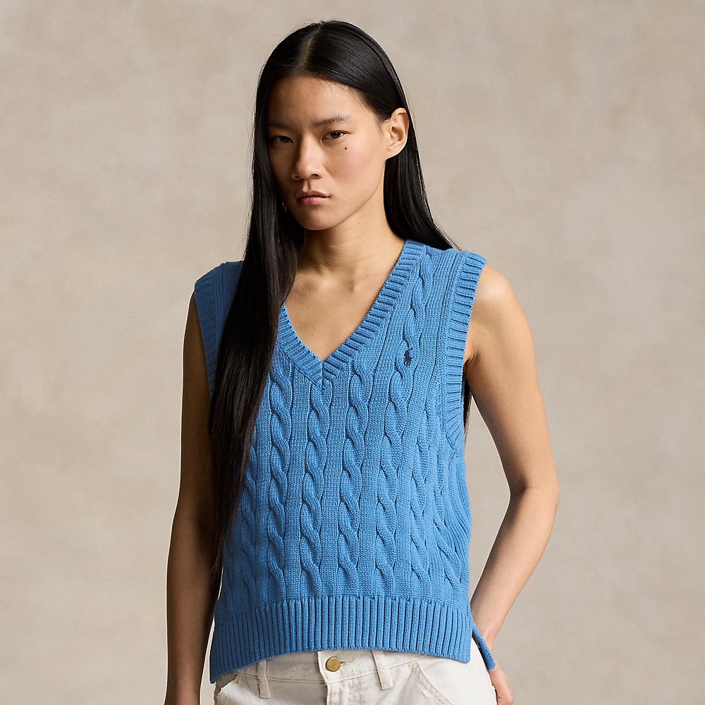 Shop Ralph Lauren Cable-knit Cotton V-neck Sweater Vest In Blue Orbit