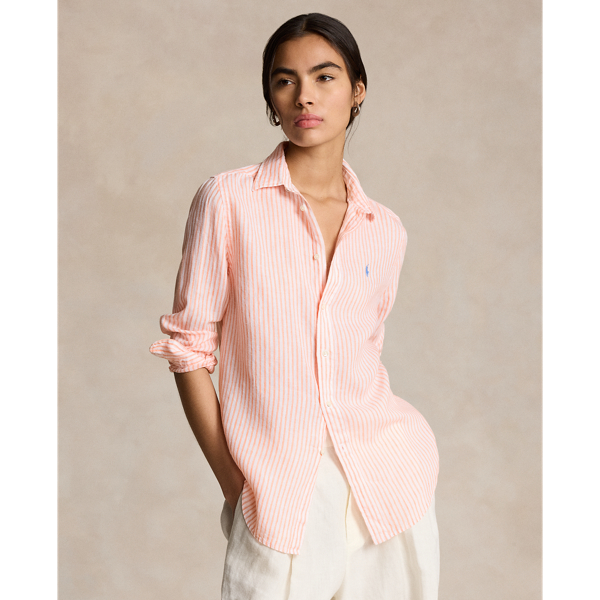 Shop Ralph Lauren Relaxed Fit Striped Linen Shirt In Sunfade Orange/wihte