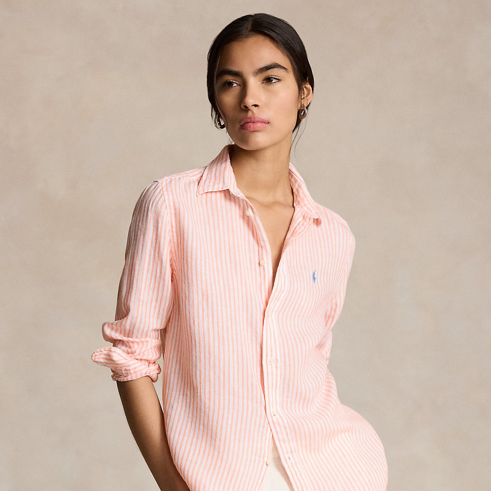 Shop Ralph Lauren Relaxed Fit Striped Linen Shirt In Sunfade Orange/wihte