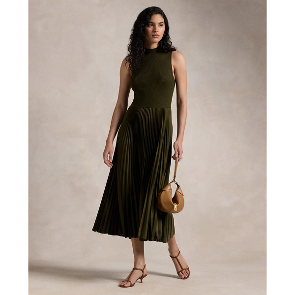Polo Ralph Lauren Pleated Sleeveless Mockneck Dress In Dark