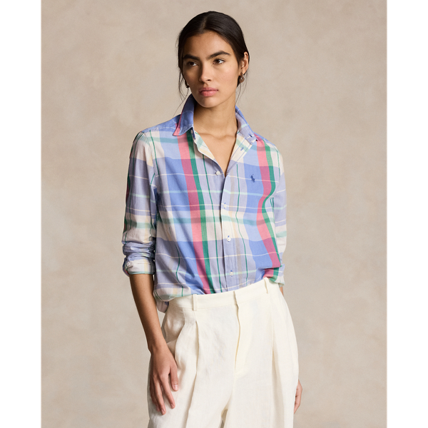 Shop Ralph Lauren Relaxed Fit Plaid Cotton Shirt In Light Blue/ Pink