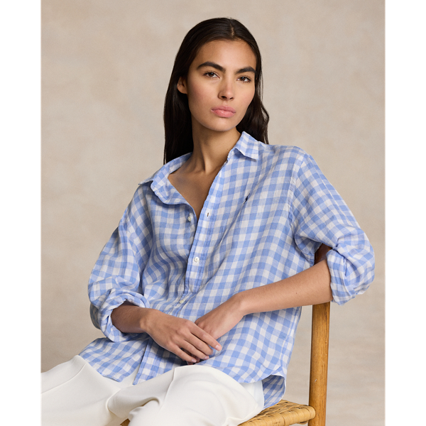 Shop Ralph Lauren Wide Cropped Gingham Linen Shirt In Austin Blue/white