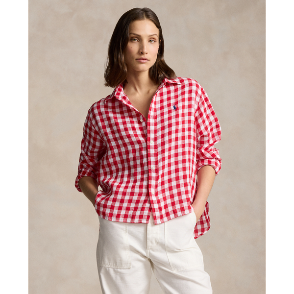 Shop Ralph Lauren Wide Cropped Gingham Linen Shirt In Ruby Red/white