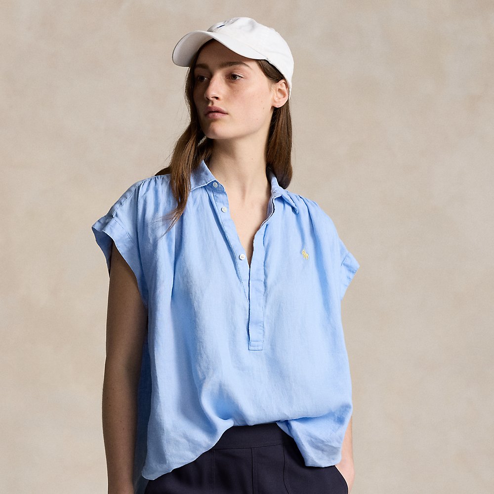 Shop Ralph Lauren Linen Popover Shirt In Austin Blue