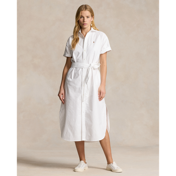 Shop Ralph Lauren Belted Short-sleeve Oxford Shirtdress In Bsr White