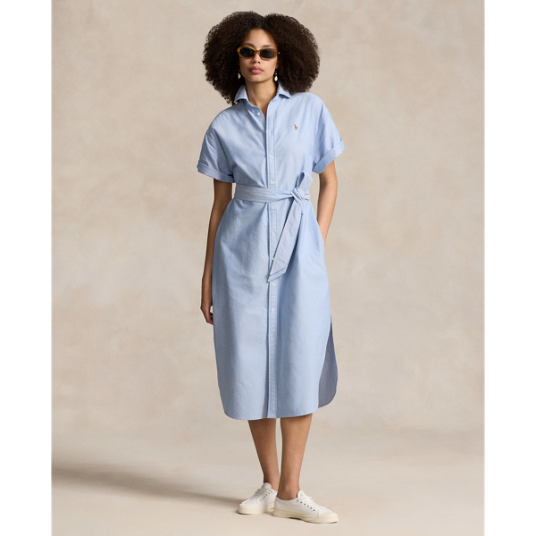 Shop Ralph Lauren Belted Short-sleeve Oxford Shirtdress In Bsr Blue