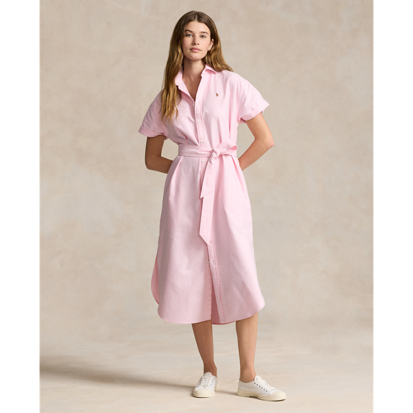 Shop Ralph Lauren Belted Short-sleeve Oxford Shirtdress In Bath Pink