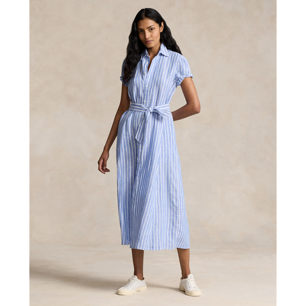 Shop Ralph Lauren Belted Striped Linen Shirtdress In Lake Blue Striped