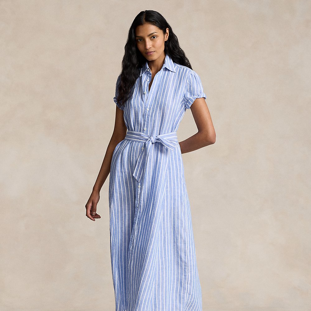 Shop Ralph Lauren Belted Striped Linen Shirtdress In Lake Blue Striped