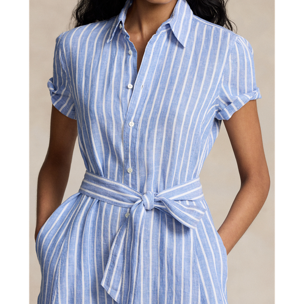 ポロラルフローレン リネンシャツワンピース ストライプ 共布リボン