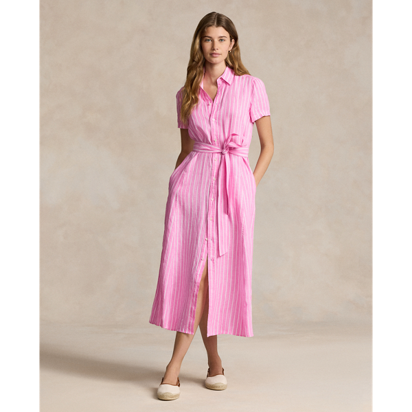 Shop Ralph Lauren Belted Striped Linen Shirtdress In Beach Pink Stripe