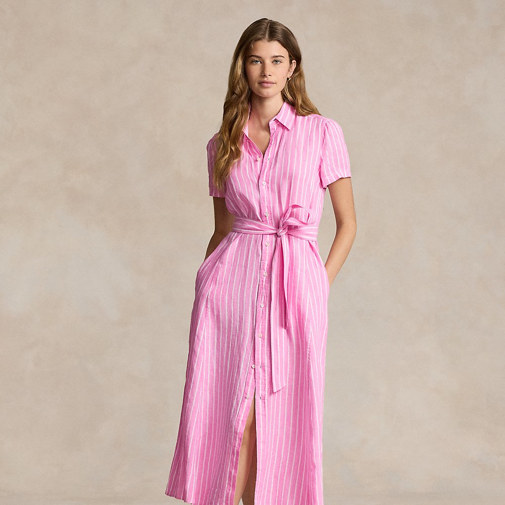 Shop Ralph Lauren Belted Striped Linen Shirtdress In Beach Pink Stripe