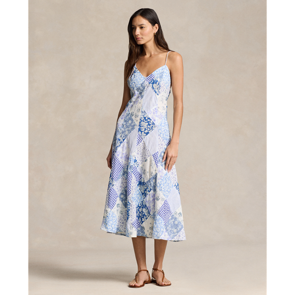 Shop Ralph Lauren Patchwork V-neck Dress In Blue/white