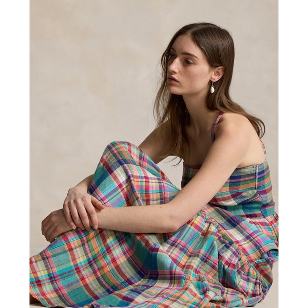 Shop Ralph Lauren Plaid Linen Midi Dress In Multi Plaid