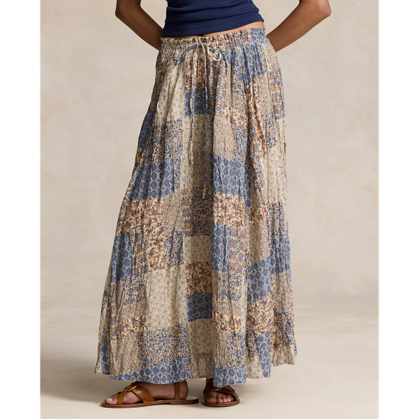 POLOラルフローレン パッチワークストライプロングスカート リネン L相当