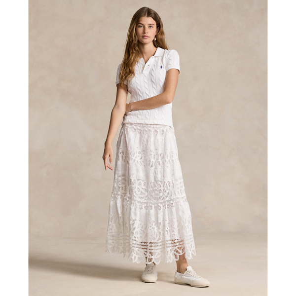Shop Ralph Lauren Battenberg-lace Linen Midi Skirt In White