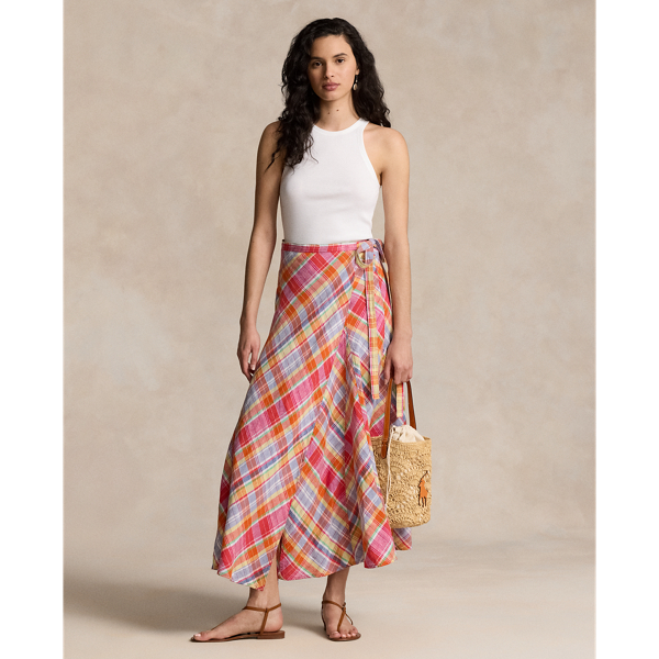 Shop Ralph Lauren Plaid Linen Wrap Skirt In Pink/orange Multi