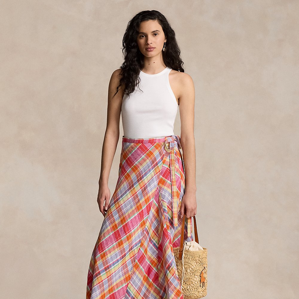 Ralph Lauren Plaid Linen Wrap Skirt In Pink/orange Multi