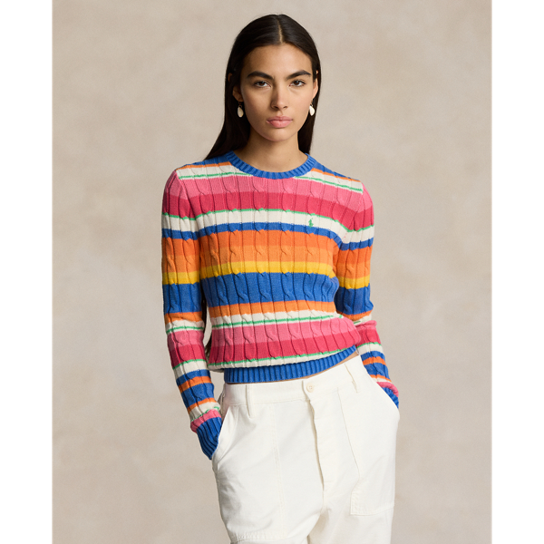 Ralph Lauren Striped Cable Cotton Crewneck Sweater In Blue Combo