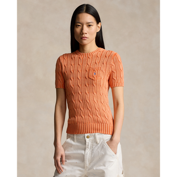 Shop Ralph Lauren Cotton Cable Short-sleeve Sweater In Sunwash Orange