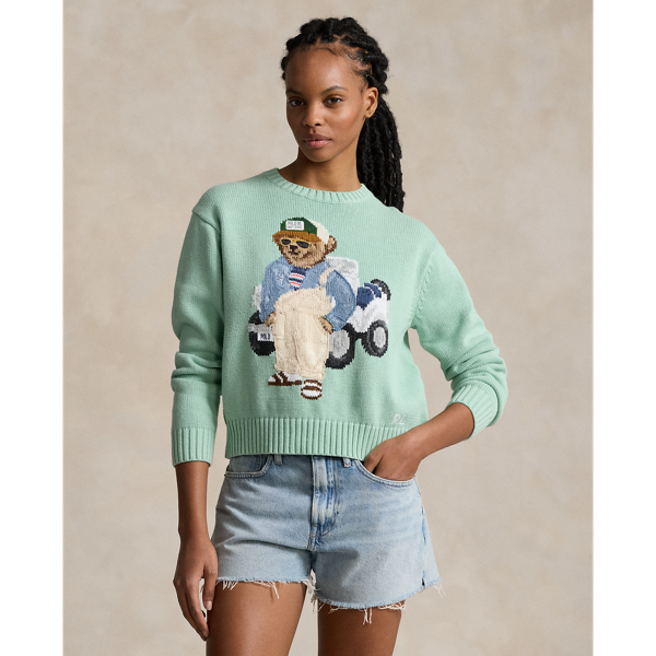 Shop Ralph Lauren Polo Bear Cotton Crewneck Sweater In Celadon