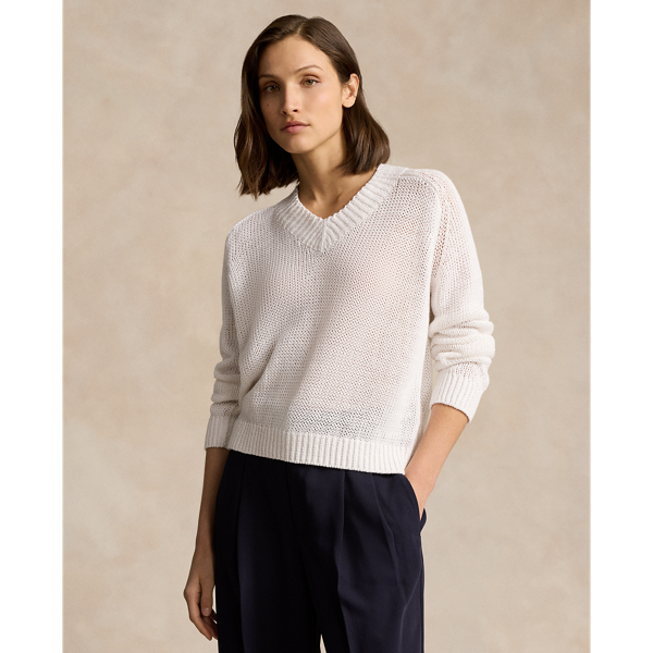 Shop Ralph Lauren Linen-cotton V-neck Sweater In White
