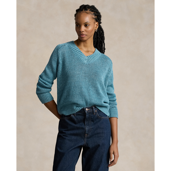 Shop Ralph Lauren Linen-cotton V-neck Sweater In Chambray Delave