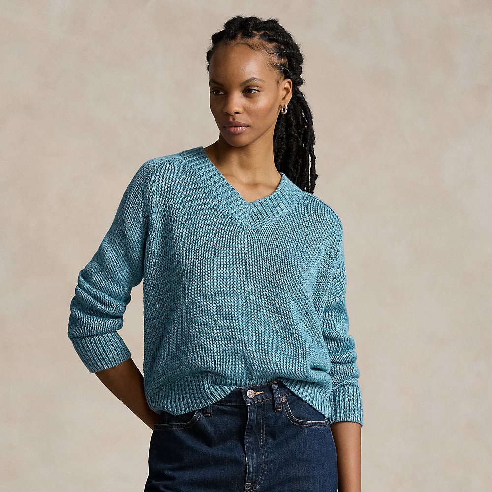 Shop Ralph Lauren Linen-cotton V-neck Sweater In Chambray Delave