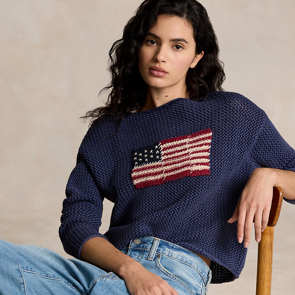 Shop Ralph Lauren Flag Pointelle Cotton-linen Sweater In Blue Multi
